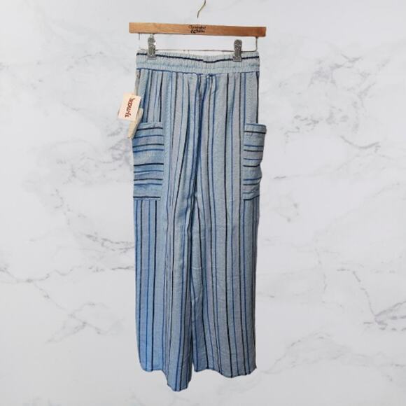 Indigo Rein Blue Striped Linen Blend Pull On Raw Hem Pant Small Pockets - Picture 2 of 6